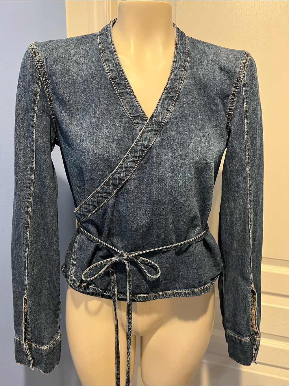 Zara 100% Cotton Dark Blue Denim wrap blouse with snap Button-Cuff size S